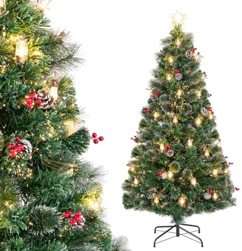 GYMAX 5FT/6FT Pre-lit Fiber Optic Christmas Tree, Artificial Xmas Tree with Warm White LED Lights, 8 Lighting Modes, Pine Needle, Red Berries, Pine Cones & Kerosene Lamps, Festival Decor Tree (180cm)