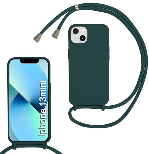 MBSLFY Silikon Handykette für iPhone 13 Mini Hülle mit Band,Silikon Necklace Handyhülle mit Abnehmbar Kordel zum Umhängen Stossfest Bumper Handy Schutzhülle für iPhone 13 Mini, Dunkel grün