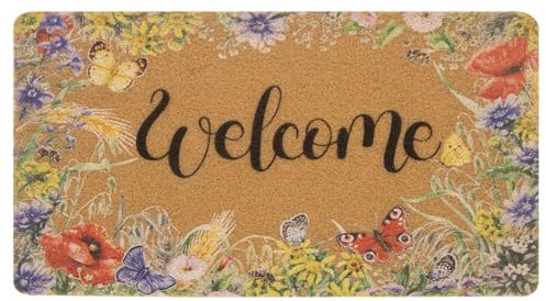 Hello Spring Floral Welcome Doormat - Non Slip Flower Natural Coir Rubber Entrance Door Mat 17 x 29