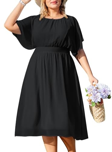 Hanna Nikole Female Plus Size Casual Dresses Ruffle Sleeve Chiffon Dress Beautiful Black 26