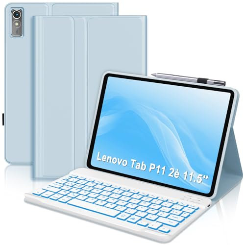 SENGBIRCH Étui Clavier pour Lenovo Tab P11 2 Gén 11.5 - AZERTY Français Clavier rétroéclairé 7 Couleurs Détachable sans Fil Bluetooth pour Lenovo Tab P11 2nd 11 (TB-J606/TB-J607), Bleu Clair