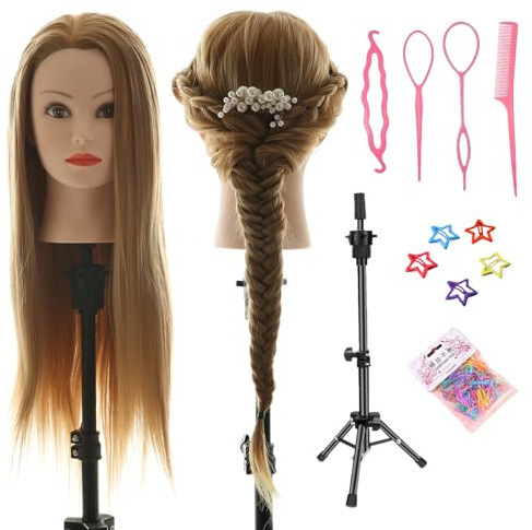 Frisierkopf Echthaar mit Ständer, 26 Zoll 100% Synthetisches Haar Trainingsköpfe für Friseure, Übungskopf Friseur Puppe Mannequin Kopf mit DIY Haare Frisuren Set
