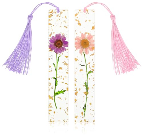 Dimeho 2 Stück Harz Blumen Gänseblümchen Lesezeichen Personalisiert Gepresste Handgemachte Lesezeichen mit Quaste Natürliche Getrocknete Lesezeichen Geschenk für Frauen Bücherwürmer Buchliebhaber