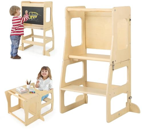 GYMAX Kids Step Stool, 3-in-1 Wooden Kitchen Helper Stand with Chalkboard, Foldable Toddler Table and Chair Set, Convertible Baby Tower Lightweight Stepladder, GY10230NA