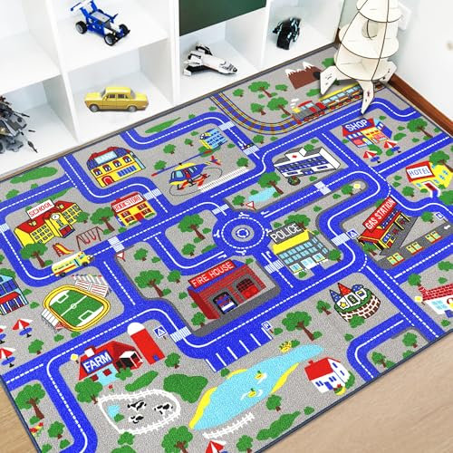 Capslpad Kinder-Spielteppich, Stadt, Straße, 150 x 200 cm, rutschfest, Kinderteppich, Spielmatte, maschinenwaschbar, Trainingsmatte, Kurzflor-Teppich, Lernbereich, Teppich für Kinderzimmer, Kleinkind