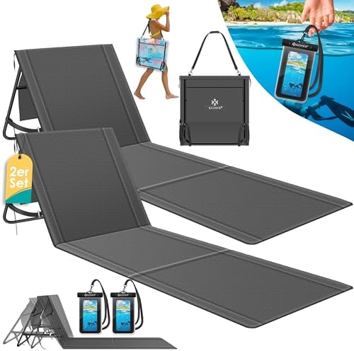 KESSER® 2er Set Strandmatte klappbar mit Verstellbarer Rückenlehne, Tragegurt, wasserdichter Tasche & Aufbewahrung – Faltbare Sonnenliege für Strand, Garten & Terrasse je 130 kg belastbar