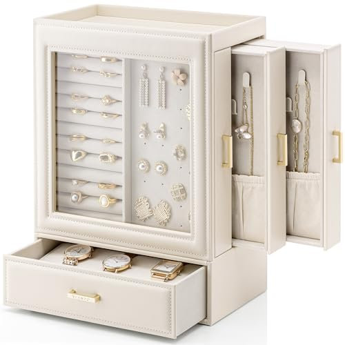 VALNDO Schmuckaufbewahrung Schmuckschrank 5 Ebenen, Schmuckkasten mit Glasdeckel, Schmuckkästchen Groß, Seitliche Schubladen, Vertikale Jewelry organizer, Modern Schmuck Organizers, Beige-Rosa