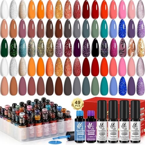 Lavender Violets 49 Pcs Gel Nail Polish Kit, 45 + 4 Green Orange Pink Muticolors with Nail Primer,5 in 1 Builder Base Hard Gel,Glossy & Matte Top Coat Set for Nail Art Shellac Manicure Varnish A906
