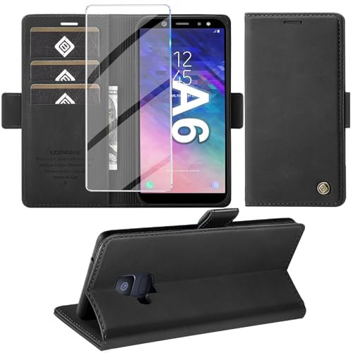 Giyer Handyhülle für Samsung Galaxy A6 Hülle mit Schutzfolie, Schutzhülle Galaxy A6 2018 PU Leder Wallet Flip Case Standfunktion Kartenfach Klapphülle für Samsung A6 Cover Tasche (Schwarz)