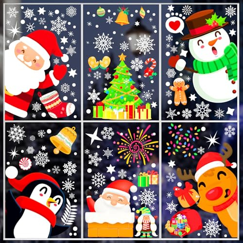9 Blätter 200+Pcs Weihnachten Fenster Aufkleber Xmas Decals Dekorationen für Glas Schneeflocke Weihnachtsmann Rentier Fenster Cling Sticker für Urlaub