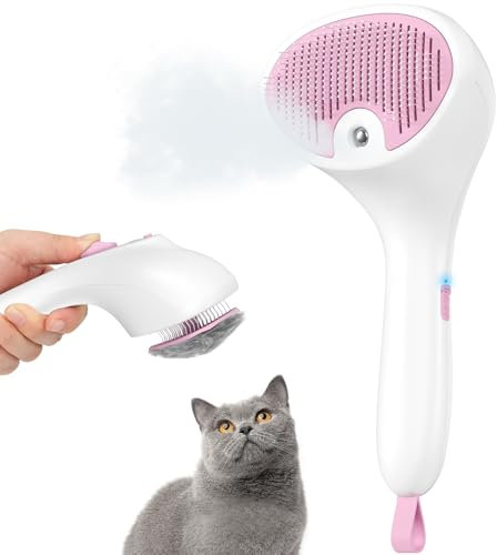 Euqvunn Steam Cat Brush with Release Button, [Ultra-Quiet Design/Comfort-Grip Handle] Pet Spray Dog Brush, Rechargeable Pet Steam Brush for Long Short Hair Cats, Dogs, Rabbits Grooming(Pink)