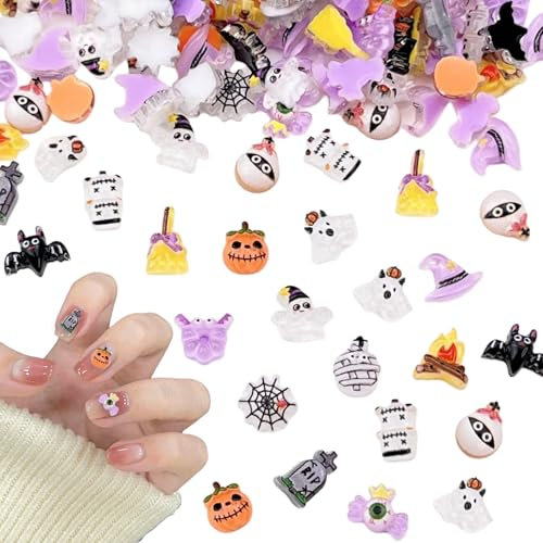 Halloween Nail Charms,100pcs Flatback Witch Hat Ghost Pumpkin Bat Spider Web Nail Art Charms,Resin Nail Gems Nail Art Decorations Supplies for Nail Design DIY Crafting Jewelry Making