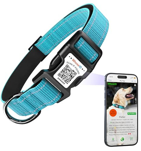 Hundehalsband mit QR-Code & NFC-ID-Tag, reflektierendes Haustierhalsband, weich gepolstert & Sicherheitsverriegelungsschnalle, verstellbares Welpenhalsband (Blau, XS)