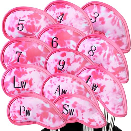 Golf Club Headcovers Iron Synthetic Leather Deluxe Value 12 Pcs/Set, Golf Head Covers with Number Printed Durable Light for Men Women Universal Fit All Irons Clubs (Pink)