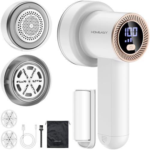 HOMEASY Rasoir Anti Bouloche Électrique: Rasoir Vêtement Anti Peluche pour Vêtement & Maison, 3 Vitesses,Tête à 3 Lames, Écran LCD, Rechargeable USB, Rasoir Bouloche Rase Rapide et Efficace, Blanc