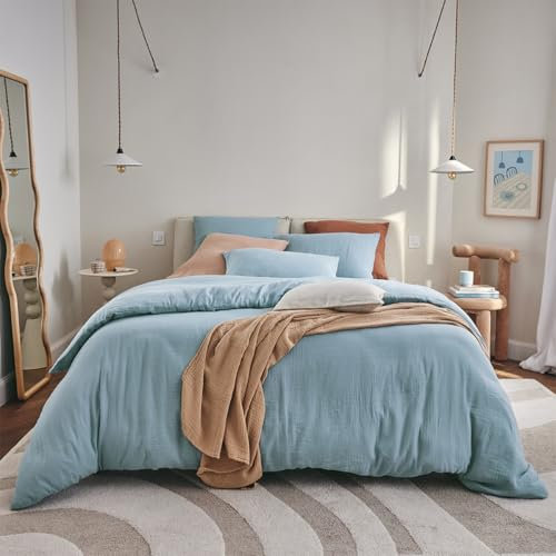 ESSIX Bettbezug aus Baumwollgaze, 260 x 240 cm, Motiv: Tendresse Heure Blau, Blau