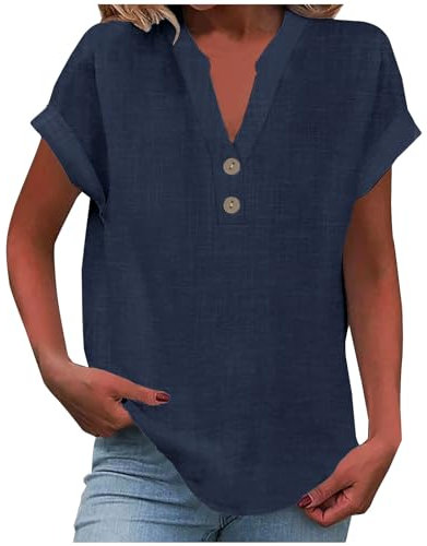 KOG Damen T-Shirts Basic Leinenhemd Tshirts Fashion Kurzarm Longshirt Frauen Tee T-Shirt Elegante Leinen Tee Shirt Teenager Rundhals Lose Shirts Marine XL