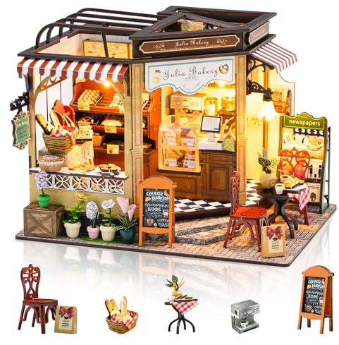 Cuteefun DIY Miniatur Haus Puppenhaus, Holzpuppenhaus mit LED, Winziges Haus Bausatz für Erwachsene zum Bauen, Einzigartiges Geschenk zum Geburtstag Weihnachten (Bäckerei)