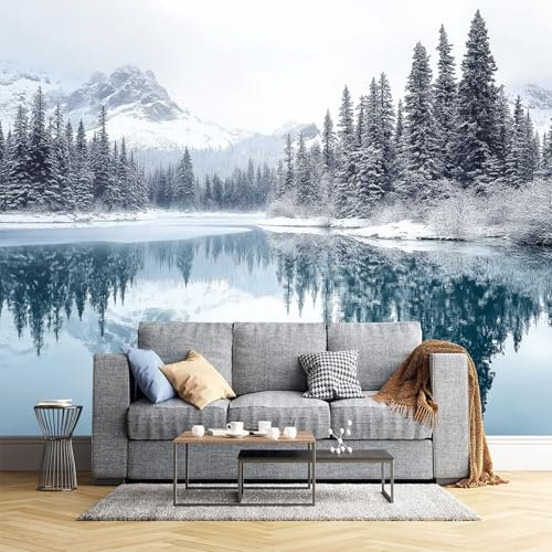 Fototapete Wald See Winter Schnee Berg 400X280Cm - Für Schlafzimmer Wohnzimmer Flur Tapete Wandtapete Seidetapete Motivtapeten Montagefertig Panorama Bilder Dekoration