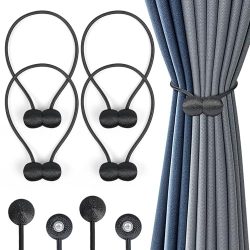 Romon Calamite per Tende, Confezione da 4 Fermatenda Magnetici Resistenti Fermatenda Magnetiche Fermi per Tendaggi, Ferma Tende con Calamita Fermatenda per Tende per Tende da Interni e Esterni, Nero