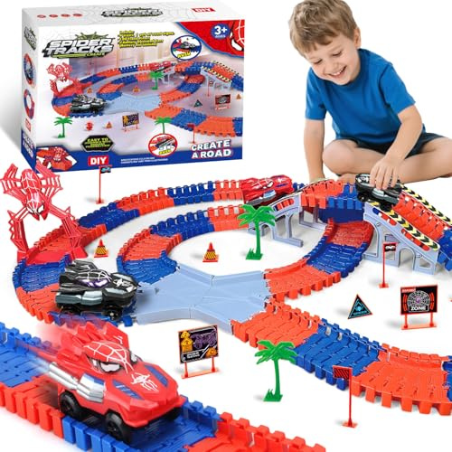 Aooess 212 PCS Spider Construction Race Tracks for Kids Age 3-8 | Gifts for 3 4 5 6 7 8 Year Old Boys, Flexible DIY Track Toy, Track Building Set, Tracks Set with 2 Electric Cars
