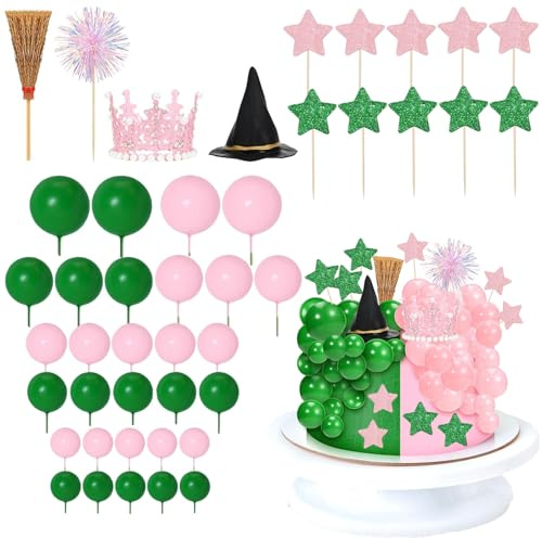 Witch Cake Toppers Pink Green Birthday Cake Decoration Supplies with Cake Topper Balls,Crown, Broom, Firework Wands and Black Hat for Princess Birthday Cake Decor