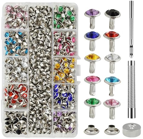 LE-stone 400 Sets Double Cap Rivets 10 Colors Rhinestone Rivet Studs with 3Pcs Tubular Metal Stud Punching Tool Kit for Leather Decoration Skirts Bags Denim Jackets Belt DIY