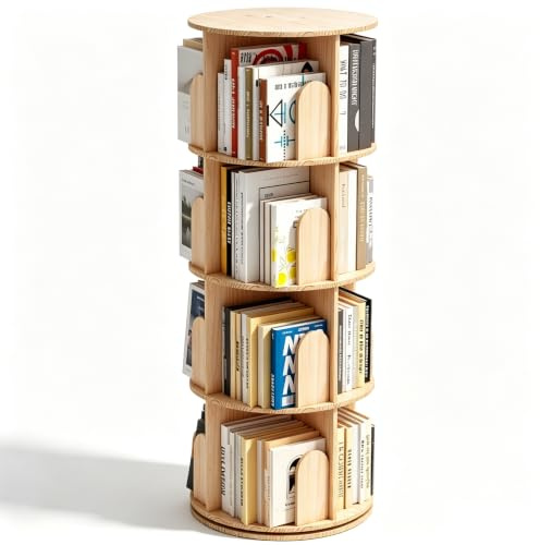 Wumagin Bücherregal Kinder, 360° Drehbares Bücherregal mit 4 Ebenen, Drehregal Spielzeugregal, Multifunktionales Bücherregal Massivholz für Wohnzimmer, Home Office
