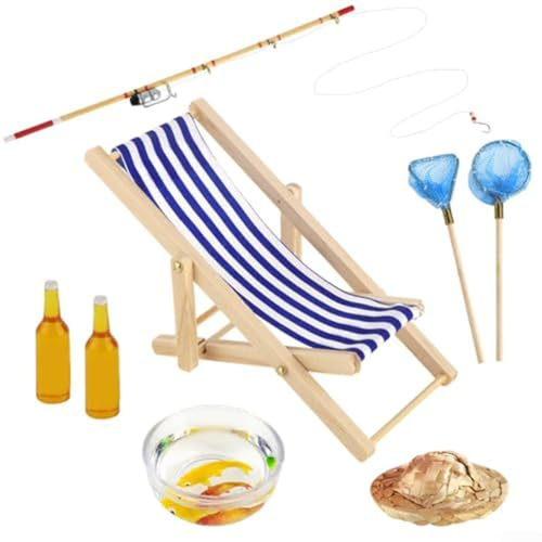 Holz Mini Angelrute Set mit 8 Stück inklusive Stuhl, Fischschale, Strohhut und Flaschen für kreative Miniaturdekoration und zum DIY Basteln