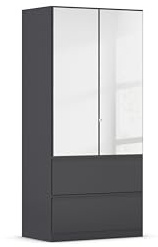 Rauch Möbel Costa, Kleiderschrank, Farbe Grau metallic, Breite 91 cm | Schrank, 2-türig, Spiegel, 2 Schubladen, Push-to-open, Zubehör Basic, für Schlafzimmer, Kinderzimmer, Babyzimmer, Garderobe