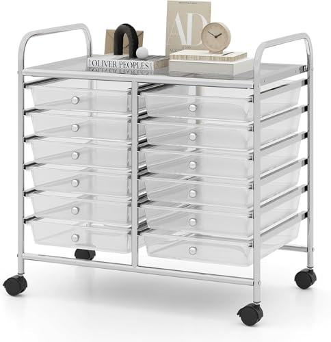 GOPLUS Rollcontainer mit 12 Schubladen stapelbar, Rollwagen mit Ablage & Metallgestell, Schubladenwagen Badregal, Aufbewahrungswagen für Büro & Zuhause (Transparent)