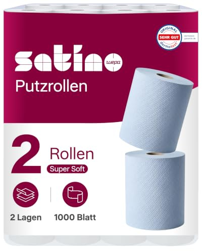 2 x Putzrolle blau – 2 x 1.000 Blatt – 2-lagig – 43% höhere Reißfestigkeit & 15% mehr Saugkraft als sein Vorgänger – Maße: 36,5 x 35 cm, Ø: 29 cm, Höhe: 36,5 cm - Made in Germany – blaue Putztücher