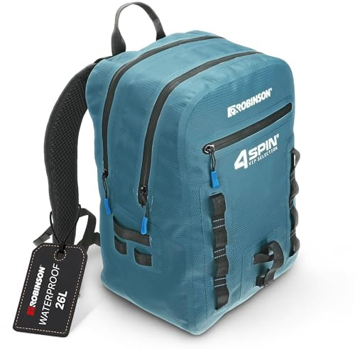 Robinson wasserdichte Angeltasche | Angelrucksack mit Rutenhalter, robust | Komplett wasserdichtes Gewebe · Versiegelte Reißverschlüsse · 2 Hauptfächer & Netztaschen · 1,13 kg
