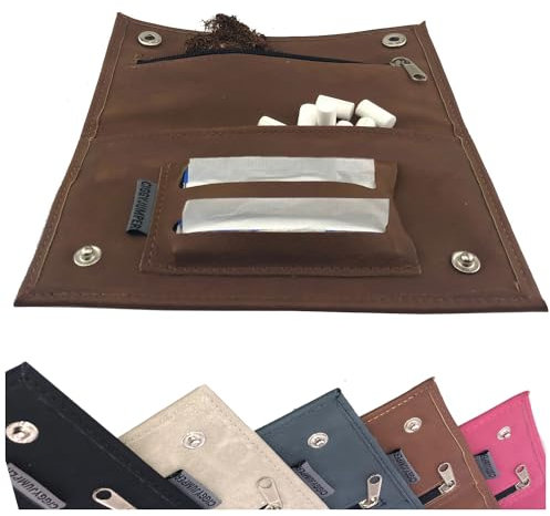 Ciggy Jumper Portatabacco Borsello realizzata in similpelle premium con effetto pelle vintage, porta tabacco, carte da filtro singole o doppie con diverse tasche con cerniera (2.) cognac doppio)
