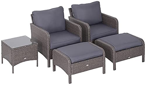 Outsunny Lot de 2 fauteuils de Jardin Grand Confort Repose-Pied Table Basse résine tressée Imitation rotin Coussins Gris