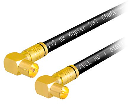 HB-DIGITAL HDTV - Cavo antenna in rame puro IEC a 5 schermature, max. 135 dB, coassiale, 2 connettori a compressione angolare a 90°, dorati, 1080p Full HD 3D UHD Ultra 4K, 2 m, spina presa, nero