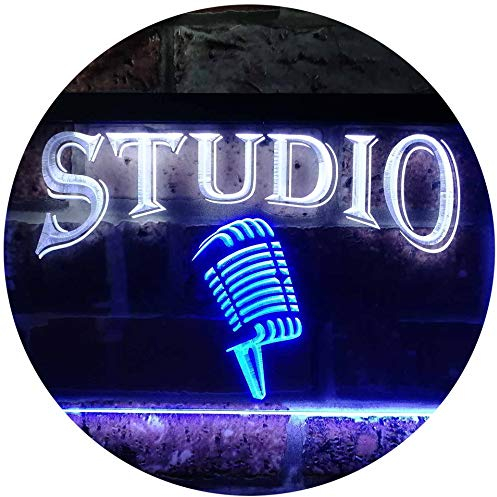 Studio On Air Microphone Illuminated Dual Color LED Barlicht Neonlicht Lichtwerbung Neon Sign Weiß & Blau 300 x 210mm st6s32-i0587-wb