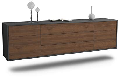 Dekati Lowboard Orlando hängend (180x49x35cm) Korpus anthrazit matt - Front Holz-Design Walnuss - Push to Open