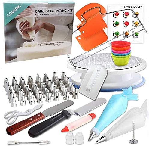 90 Pcs Cake Decorating Supplies kit with Cake Turntable-Cake leveler-48 Piping Tips with Pattern Chart -Straight & Offset Spatula-20 Icings Bags- 3 Icing Smoother Scraper Set for Beginner Cake-Lover