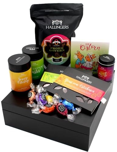 Hallingers Easter Big Box - green - Ostergeschenke als Osterkörbchen zu Ostern, Schokolade Kaffee Ostereier Osterhase & Geschenkbox (Set) - Geschenk im Sommer & als perfektes Grillgeschenk | Glückwuns