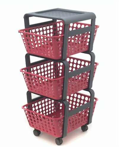 Ecoplast | Carrello con Ruote Portatutto Modula, Carrello Portaoggetti a Tre Piani, Portata Massima 9 kg, Rosso, 41,5x29x75, Made in Italy