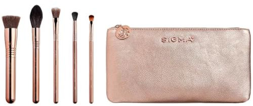 Sigma Beauty Iconic Rose Gold Brush Set, Set of 5 Makeup Brushes and Makeup Bag - Travel Size Makeup Brush Set - 2 Classic Eyeshadow Brushes, 2 Face Brushes, 1 Highlighter Brush