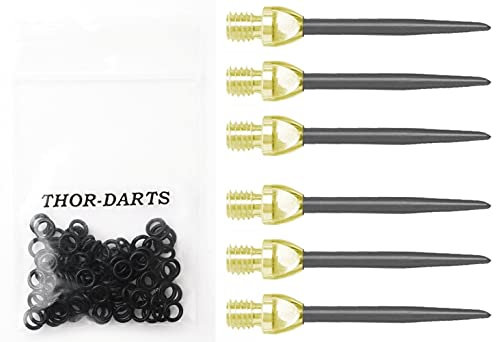 THOR-DARTS 12 Stahlspitzen für Steeldart Gold-Schwarz Steeldartspitzen + Schwarze Gummiringe (12 Stück Gold-Schwarz (4 Set), 100 Schwarze Premium-Gummiringe)