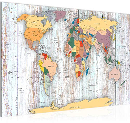 Runa Art Bild Weltkarte Holz Modern Wandbilder Wohnzimmer Büro 1 Teilig - Made In Germany - Landkarte Weiss Flur 108715b