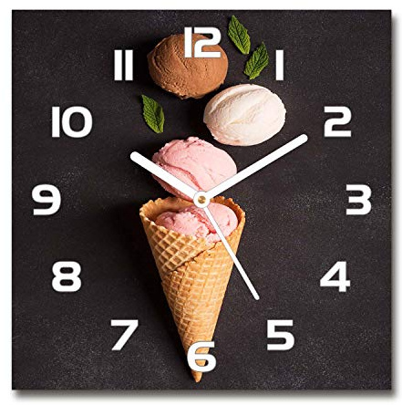 Tulup Glasuhr - 30x30cm - weißen Zeigern - Wanduhr Wandkunst Bild Gehärtetem Glas Uhr Echtglas Küche Wohnzimmer - EIS in Einer Waffel
