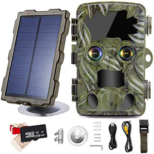 Trail Camera Dual-Lens with Starlight Night Vision 4K 20MP Wildlife Game Camera with 0.2s Motion Activated IP66 Waterproof Hunting Scouting Cam with Portable Solar Panel and Micro SD Card,256G