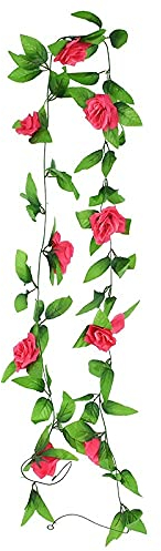 LIJUCAI 2,3 m Blumengirlande Künstliche Blumenschnur Mit Blättern Seide Sakura Kirschblüte Für Hausgarten Hochzeit Bogen Dekor, F05 Rose Red Vine