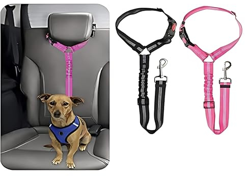 Dog Seat Belt Adjustable - Headrest Dog Car Seat Belt Restraint Puppy - Elastic Pet Dog Seat Belt harness - Strong Leads Harness for Dogs Cats and Pets 2 Pack (BLACK & PINK)
