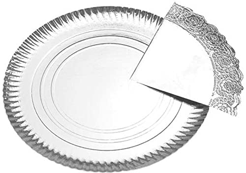 Bandeja de cartón plateada redonda con blonda, diámetro 38 cm, fuente reciclable para pasteles con encaje de papel, especial para fiestas o celebraciones, presentación de postres