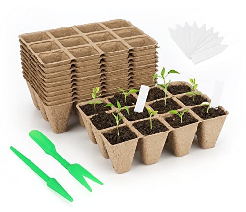 KINGLAKE 20 Pack 240 Cells Seed Trays Seedling Pots Biodegradable Plant Pots Fibre Seed Pots, Plant Germination Module Trays Kits with 100 Plant Labels, Transplanting Widger and Dibber